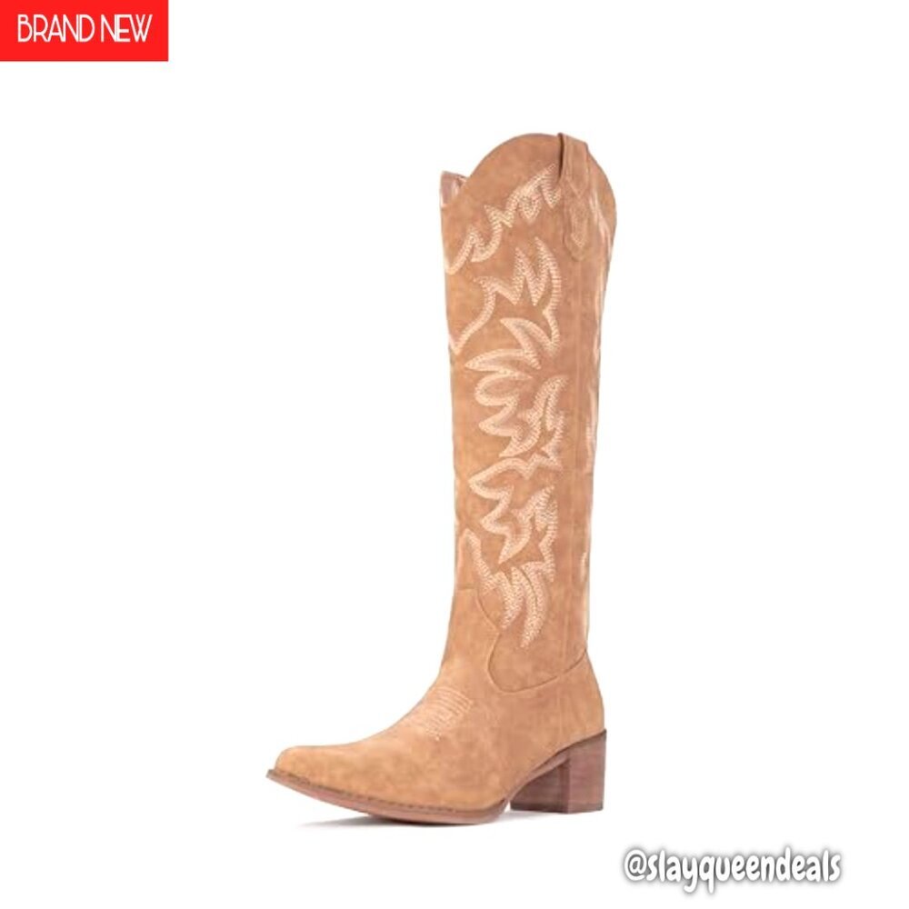 Knee High Western Cowgirl Boots Snip Toe Side Zipper Chunky Heel - Picture 2 of 8